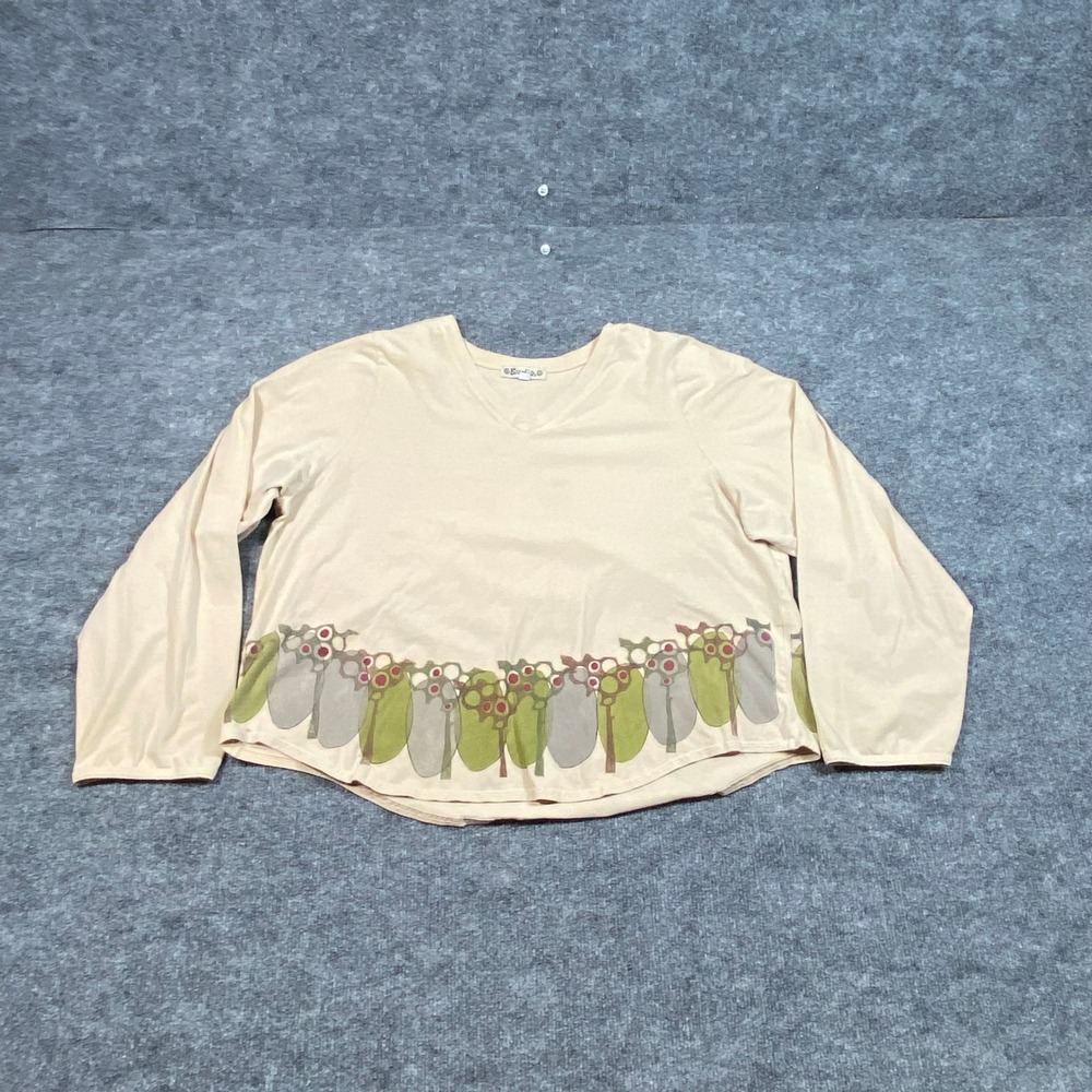 Bluefish Organic Cotton V-Neck Graphic Top Beige Long Sleeve Artistic Size 1